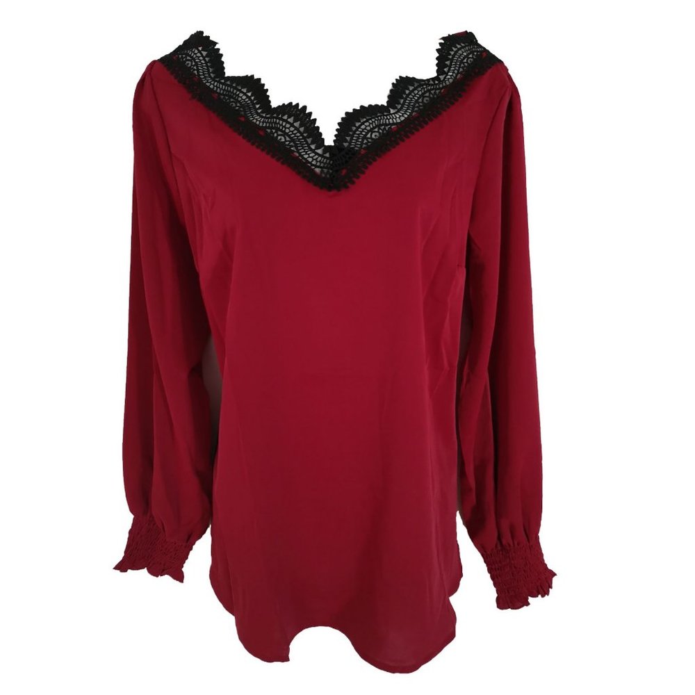 new Lace Trim V-Neck Blouse Top red M